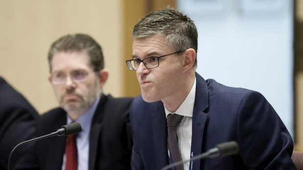 Senate President Scott Ryan and Secretary of the Department of Parliamentary Services Rob Stefanic during a Senate estimates hearing at Parliament House in Canberra on  Monday. 