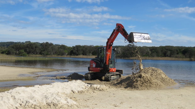 The Tallow Creek estuary being opened to the sea on June 14 by the Byron Bay Council.