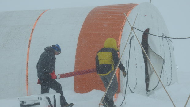 David Etheridge and colleague working in a blizzard at Law Dome.