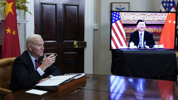 President Joe Biden meets virtually with Chinese President Xi Jinping on Monday.