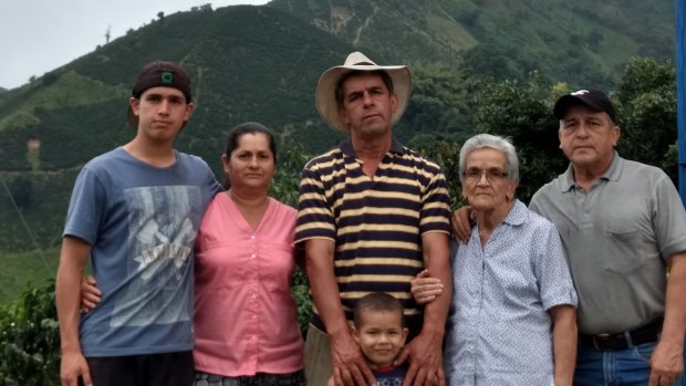 Four generations of coffee growers outside Chinchina, Caldas, Colombia.(right to left):
Farm co-owner Mario De Jesús Murillo Benjumea, his mother Griselda Benjumea, Mario's brother and business partner Carlos Duvan Murillo and Carlos's children and wife: Emanuel Murillo, Carmen Alzate  and Germán Murillo. 
