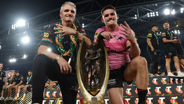 Ivan and Nathan Cleary after winning their fourth premiership.