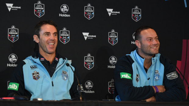 Senior men: Brad Fittler and Boyd Cordner at the coaches and captains call in Melbourne.