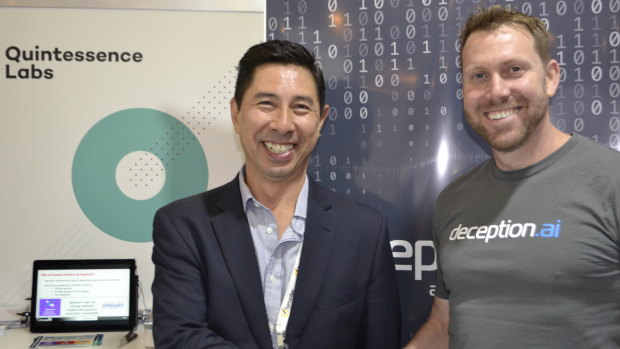 Vince Lee from QuintessenceLabs with deception.ai chief executive Ben Whitham at the Australian Cyber Security Centre conference in Canberra, where they announced a new partnership on Wednesday.