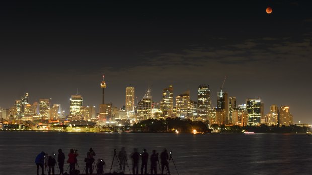 Photographers capture the blood moon over Sydney's skyline.