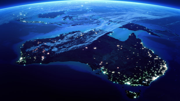 A satellite view of
the bright lights
of Australia at night
highlight how the
population is
concentrated in
our state capitals.