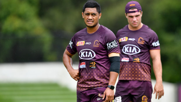 Anthony Milford and Brodie Croft of the Brisbane Broncos.