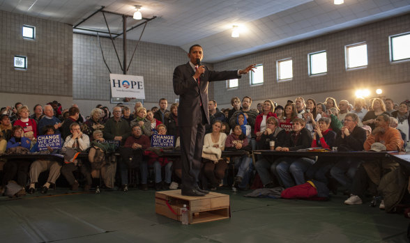 Obama fronts a town hall meeting in a gym in Davenport, eastern Iowa, on January 1, 2008. “No one could see him, so his staff found a wooden crate and made it into a stage,” says Shell. 