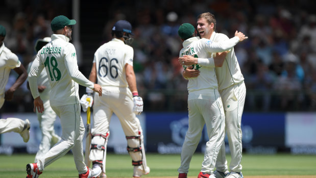 South Africa bowler Anrich Nortje celebrates after dismissing England batsman Joe Root.