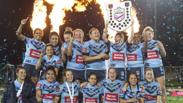 That's one: NSW celebrate their victory in the inaugural Women's State of Origin match.
