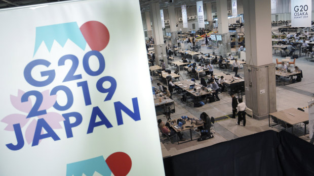 The media centre is seen prior to the G20 summit in Osaka, Japan.