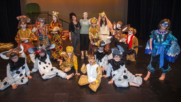 Cast members with costume designer Bianca Faye and performing arts teacher Sarah Carruthers.