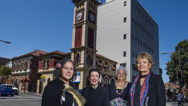 Aunty Rhonda Dixon-Grovenor, Lord Mayor Clover Moore, Delilah Macgillivray and Aunty Millie Ingram outside the Redfern Post Office.