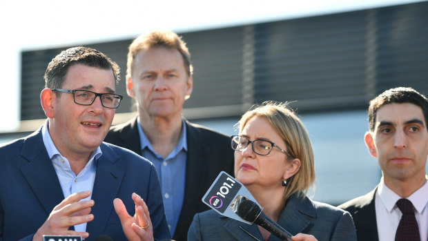Victorian premier Daniel Andrews and Public Transport Minister Jacinta Allan at Box Hill to talk to media about Labor’s plan for the Suburban Rail Loop the underground train system. 28th August 2018 The Age Fairfaxmedia News Picture by JOE ARMAO