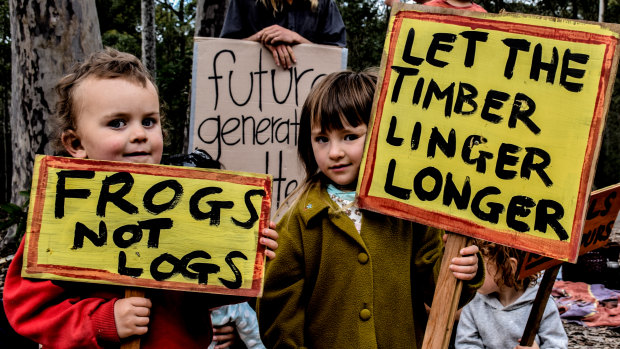 Children protesting at logging in the Corunna State Forsts in NSW.