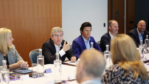 IOC President Thomas Bach speaks at a meeting with Brisbane 2032 Olympic Games figures, including Queensland Premier Annastacia Palaszczuk.