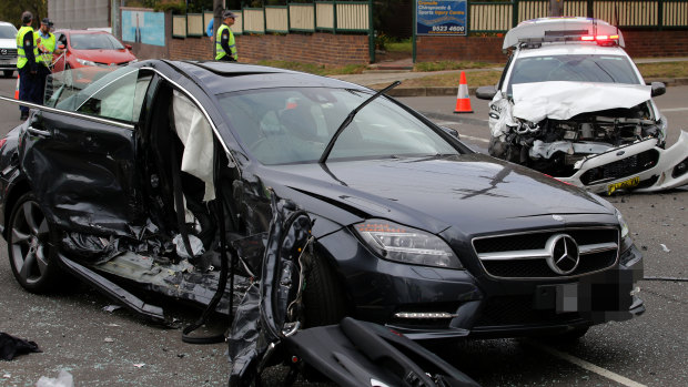 A police car and Mercedes involved in a serious collision in Cronulla. 