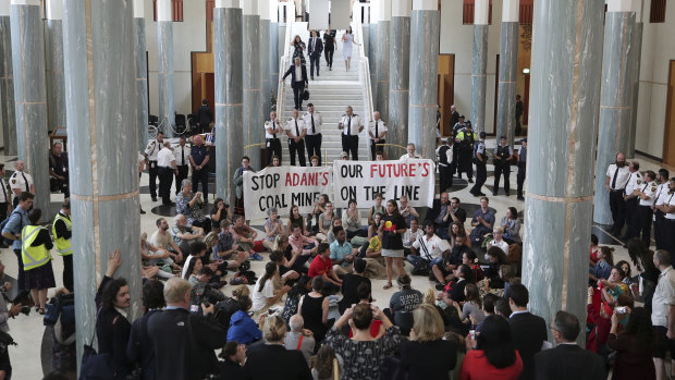 Protesters in Parliament's Marble Foyer calling for action on climate change earlier this month.
