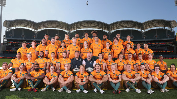 Australia’s combined teams – the Wallabies and Wallaroos – before Saturday’s double-header in Adelaide.