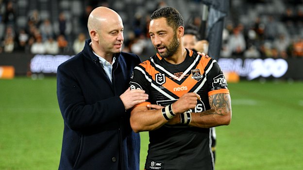 Former NRL chief executive Todd Greenberg with Benji Marshall after his 300th NRL game presentation.