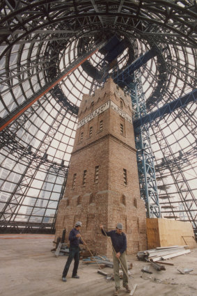 Workmen constructing the dome for the Melbourne Central shopping centre in 1991.