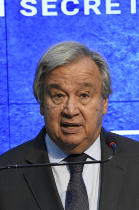 UN Secretary-General Antonio Guterres at a joint press conference with Pakistani Foreign Minister Bilawal Bhutto Zardari  on September 9.