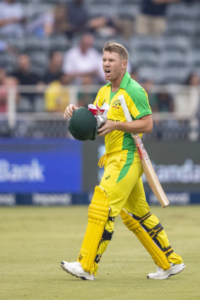 Batsman David Warner leaves the field after being dismissed by South Africa's bowler Dale Steyn for four runs. 