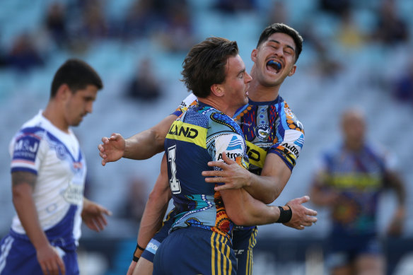 Clint Gutherson celebrates one of his first-half tries.