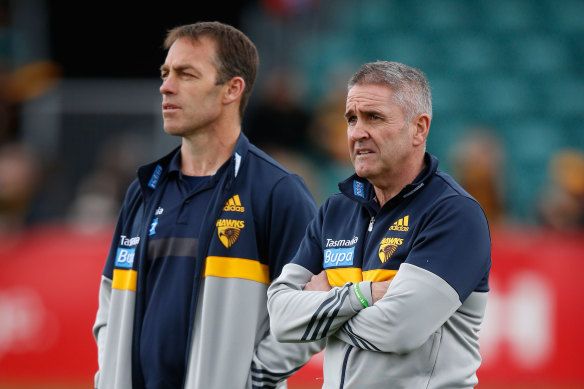 Please don’t make me jump: Alastair Clarkson with long-time offsider Chris Fagan.