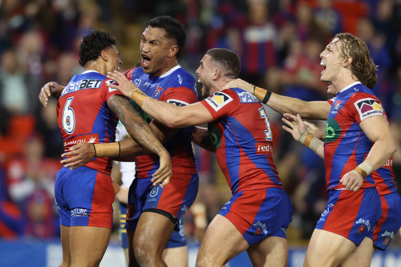 Will Pryce celebrates a try against the Eels.