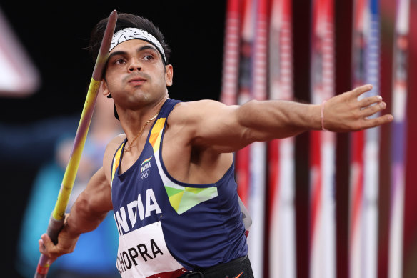 Neeraj Chopra of India  competes in the men’s javelin throw final.