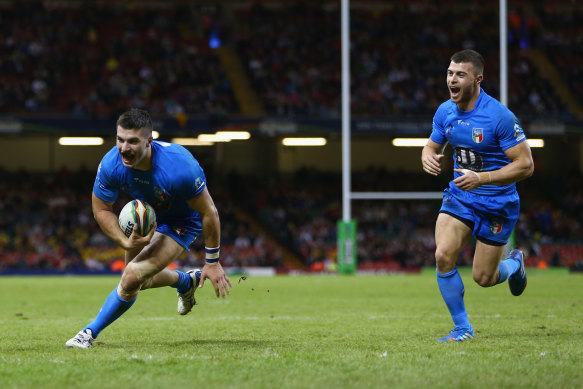 James Tedesco scores for Italy against Wales at the 2013 World Cup in Cardiff.