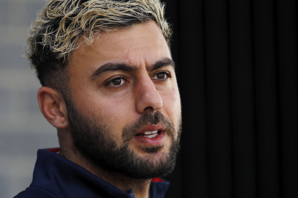 Melbourne defender Christian Salem speaking to the media at training on Wednesday in Perth.