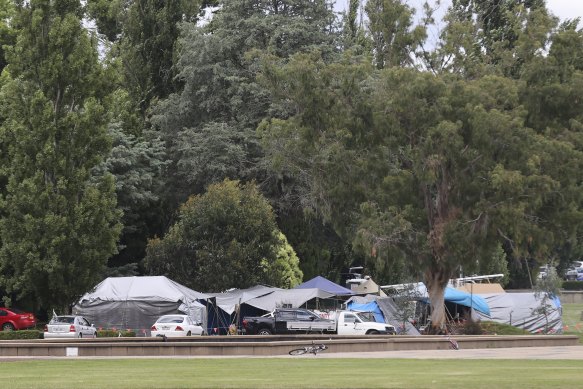 The camp of the “Original Sovereigns” near Old Parliament House on Thursday.