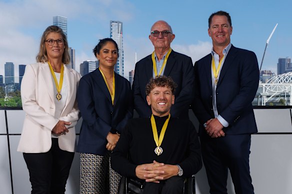 Sport Australia Hall of Fame inductees (from left): Natalie Ward, Lisa Sthalekar, Dylan Alcott, Barry Dancer and Shannon Eckstein.
