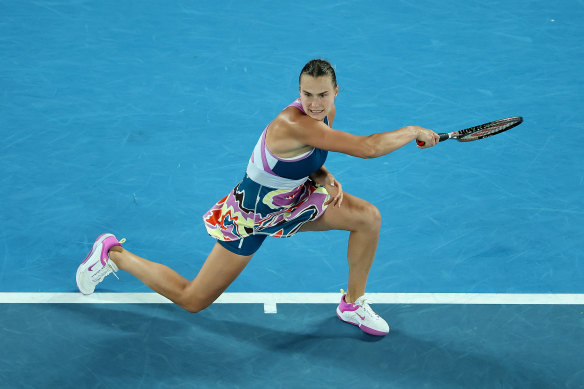 Aryna Sabalenka unleashes a forehand.