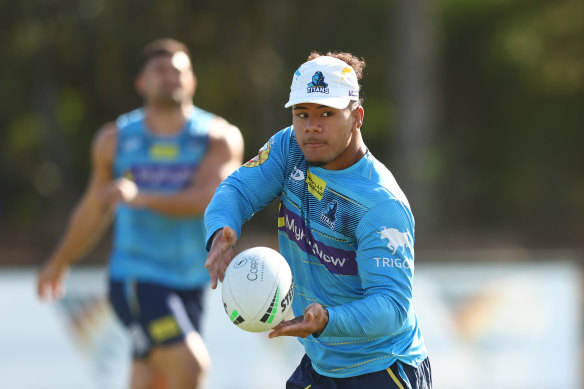 Josiah Pahulu during a Gold Coast Titans NRL training session.