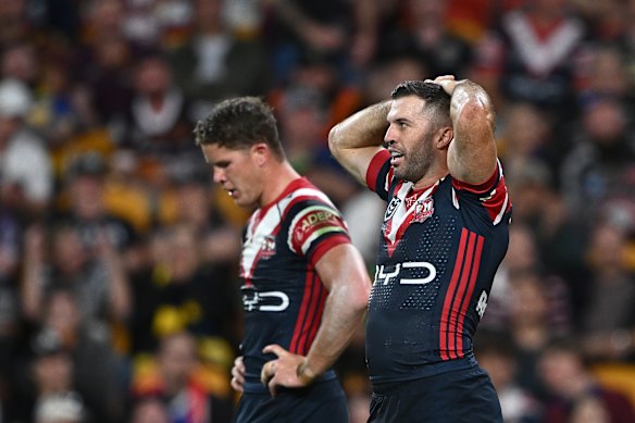Roosters fullback James Tedesco did not have a happy night against the Cowboys.
