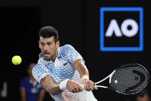 Novak Djokovic playing in the Australian Open final against Stefanos Tsitsipas last year.
