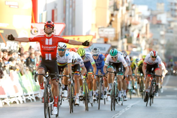 Michael Matthews, left, celebrates a stage win at the 2019 Tour of Catalonia. 