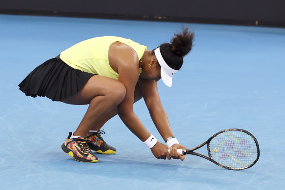 Naomi Osaka of Japan reacts after losing a point against Karolina Pliskova at the Brisbane International.