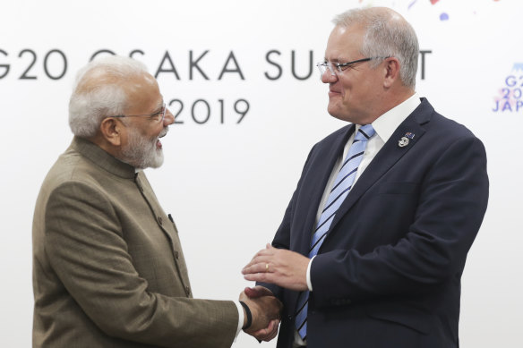 Prime Minister Scott Morrison with his Indian counterpart Narendra Modi. 