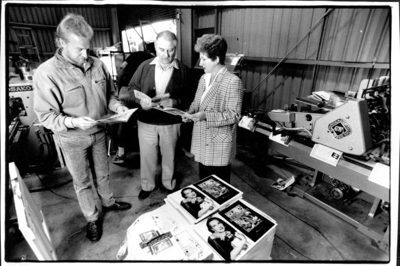 Brian Nebenzahl, with wife Jocelyn and printer Steve Popple, examines  catalogues in 1992.