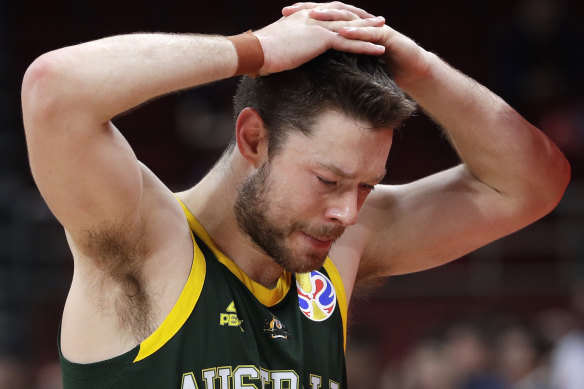 Boomer Matthew Dellavedova reacts after their double overtime loss against Spain.