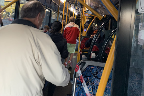 Sydney’s buses have been operating beyond safe distancing guidelines, as this photo taken on Thursday shows. 