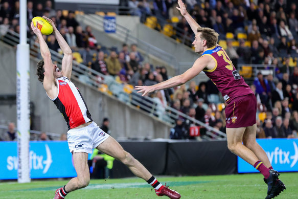 King takes a mark during the loss to the Brisbane Lions.
