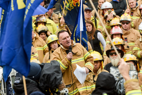 Firefighters union boss Peter Marshall addresses a rally in 2016.