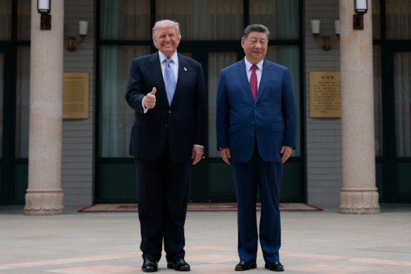 Little substance: Asked if he was enjoying his visit, Trump responded with a thumbs-up. Xi has not taken a question from the press since 2017.