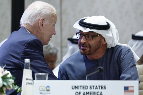 US President Joe Biden speaks with UAE President Sheikh Mohamed bin Zayed Al Nahyan. The financial flows to the UAE mark a new role for its $US509 billion economy as the ruling Al Nahyan family attempts to diversify away from oil.