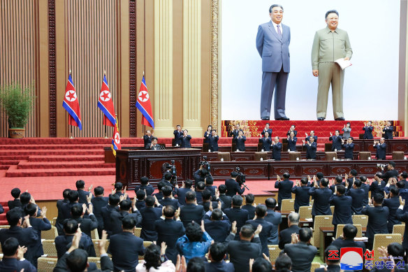 North Korea’s leader Kim Jong-un (centre left) attending the 10th session of the 14th Supreme People’s Assembly at the Mansudae Assembly Hall in Pyongyang on Monday.